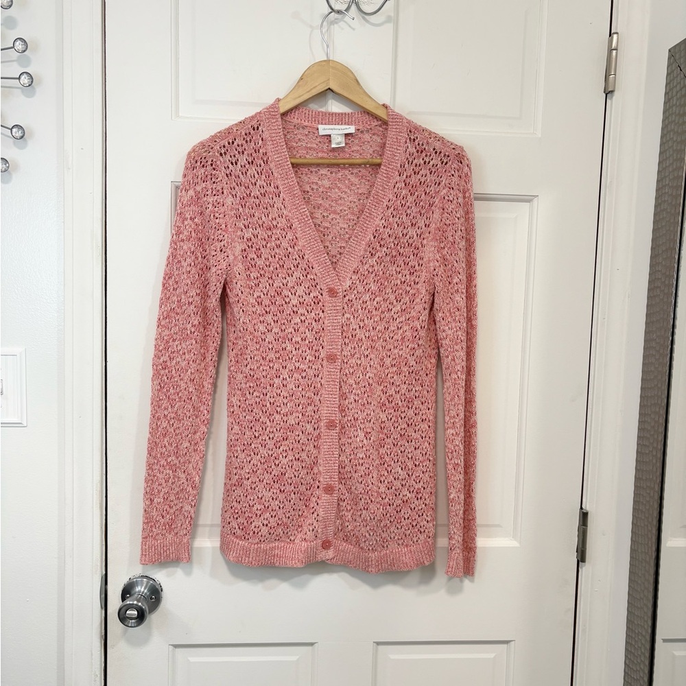 Christopher & Banks Pointelle Knit Cardigan Sweater Pink 100% Cotton Summer Sz S